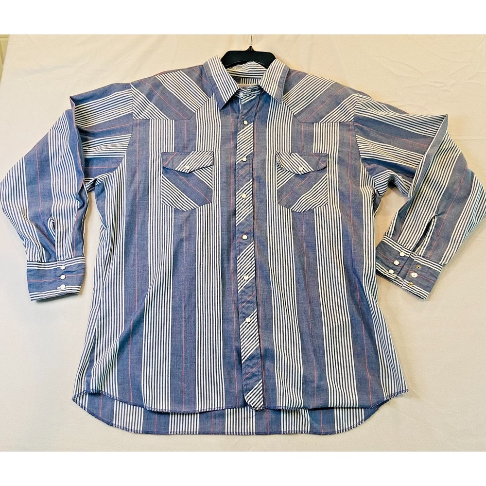 American Hero Pearl Snap‎ Striped Blue White Long Sleeve Shirt Men's XL Western